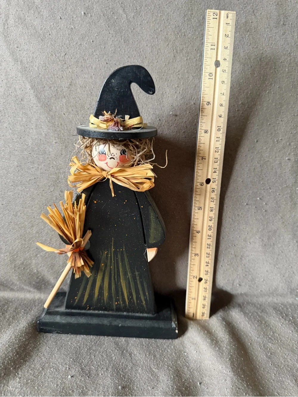 Handpainted Wooden Witch Figurine - Black and Straw